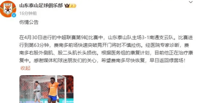 不乐观：泰山队公布费南多最新伤情，能否出战与泰国比赛尚不确定