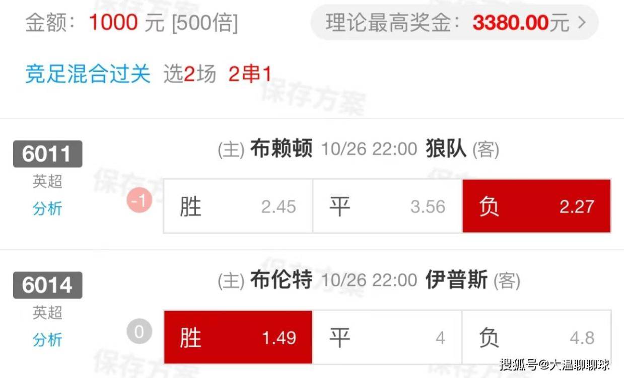 10.26周六精选比赛：布赖顿VS狼队+布伦特福德VS伊普斯维奇（内附扫盘比分）                
    
竞彩推荐：让负 比分参考：2-2 1-3
竞彩推荐：胜 比分参考：2-1 3-1