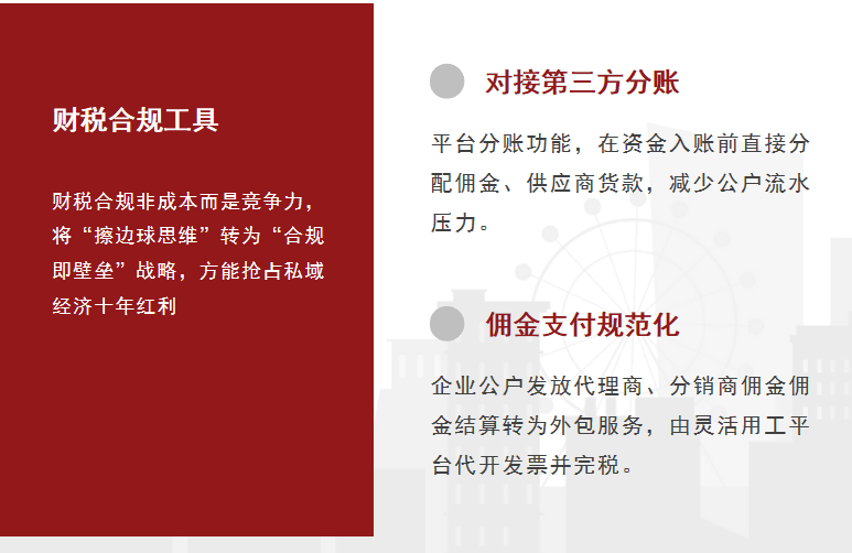 配佣金/货款，降低公户流水压力。灵活用工平台代开发票，完税佣金结算。消费者端：三免政策（免注册/免关