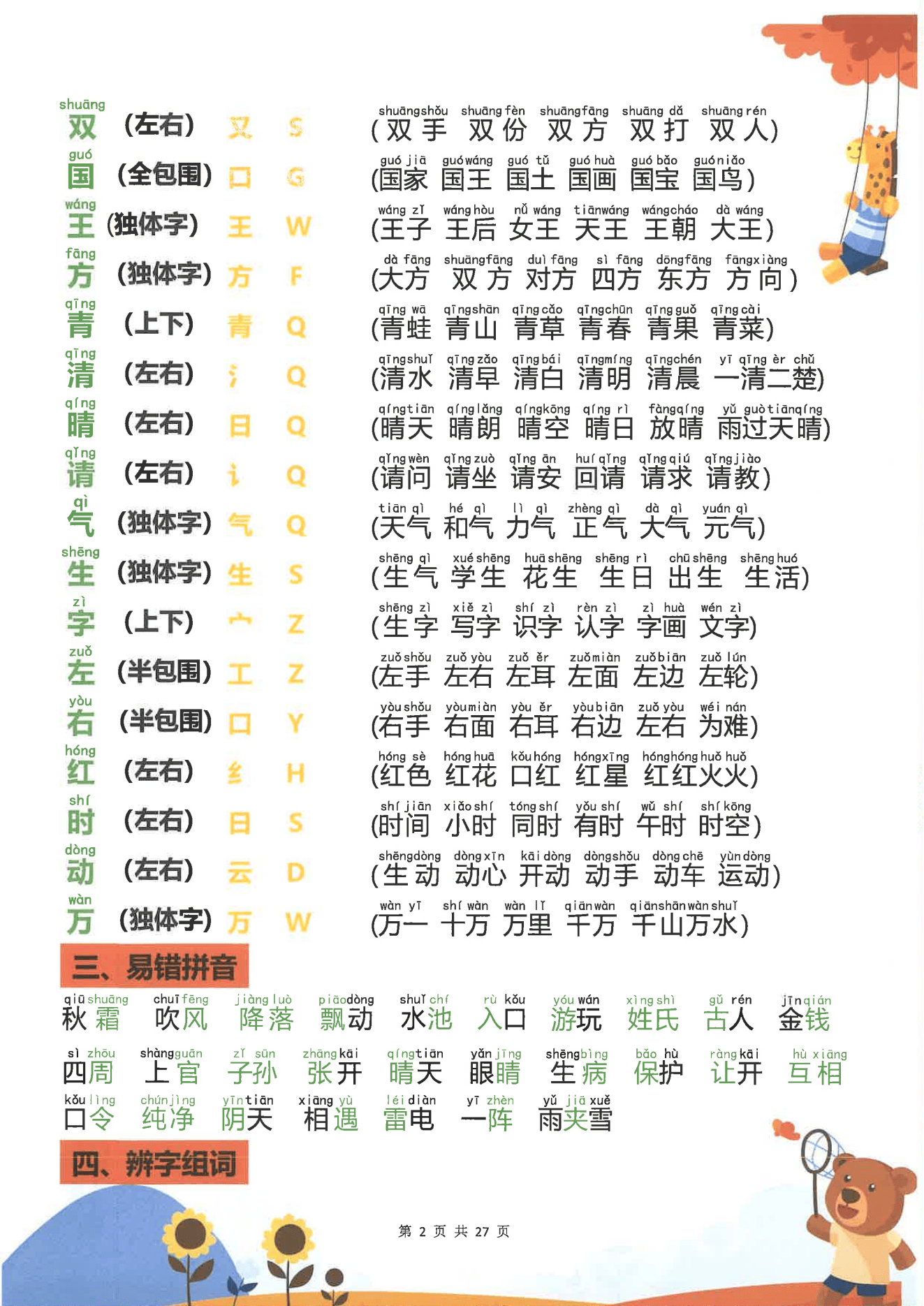 它涵盖字母大小写、生字组词、易错拼音、辨字组词等基础内容，还有多音