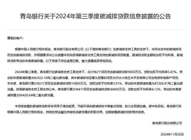 青岛银行领跑！a股及非上市银行碳减排贷款数据陆续揭晓