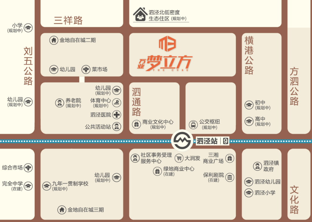 泗泾第五小学,泗泾实验学校商业配套直线距离约1km左右有三湘商业广场