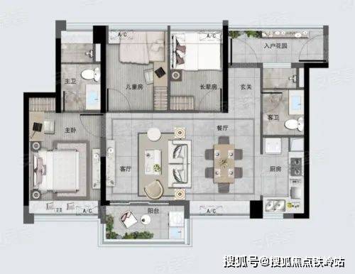 3室2廳1衛1廚 85平方米以上是該項目的主戶型其戶型特色:1,餐廳和客廳