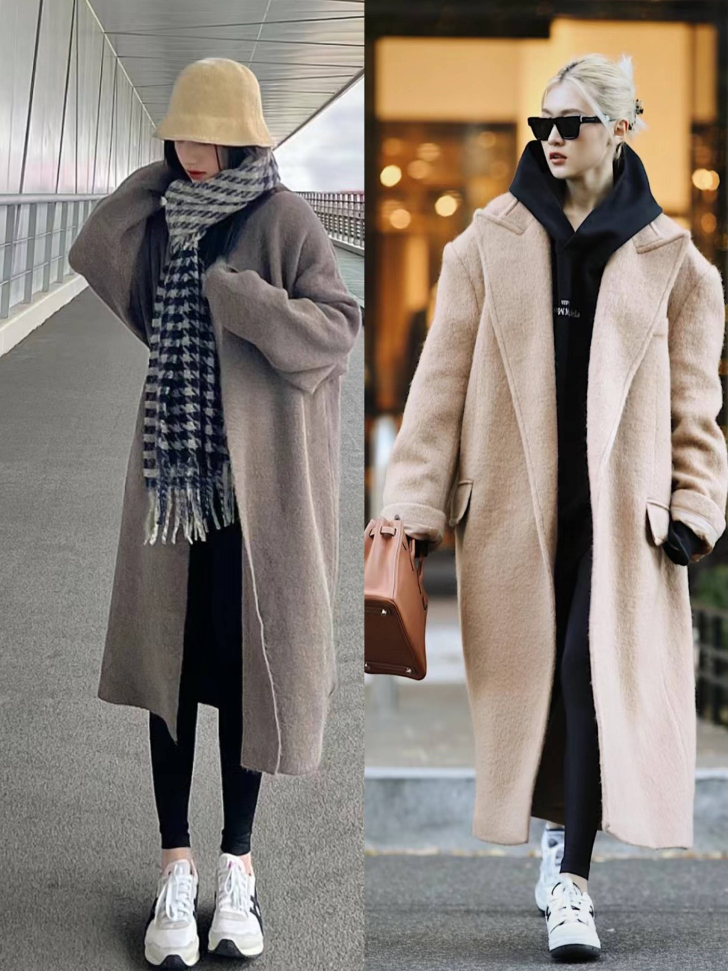 4,搭配运动鞋,随性又时髦当我们选择大衣 鲨鱼裤的组合时,可以搭配一