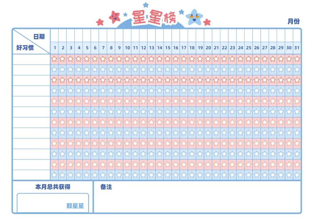 为了激励孩子养成好习惯,还特别设计了一张通用版的奖励星星榜幼儿版