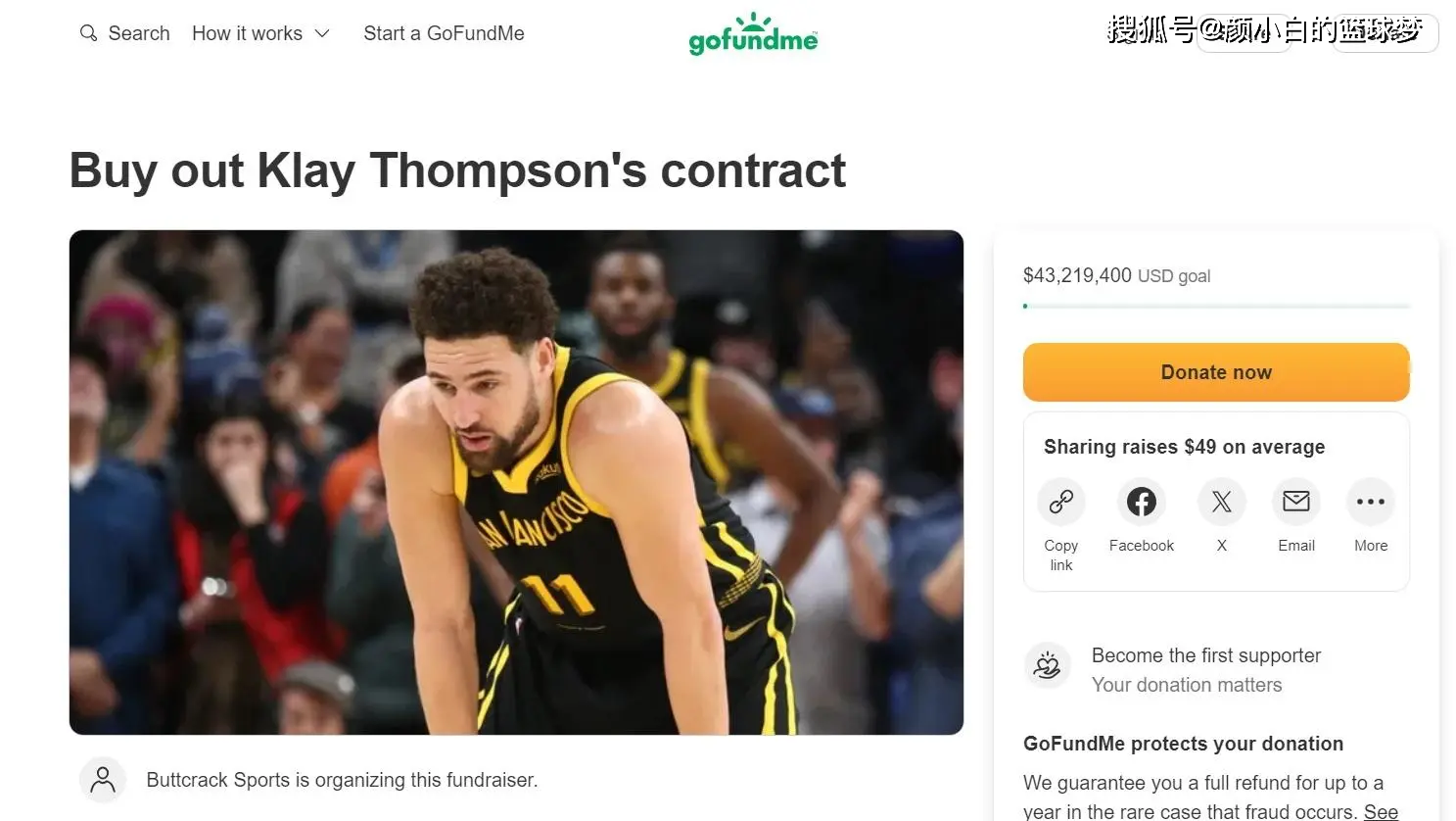 也因为克莱起伏的状态,美媒buttcrack sports开始众筹克莱4300万的