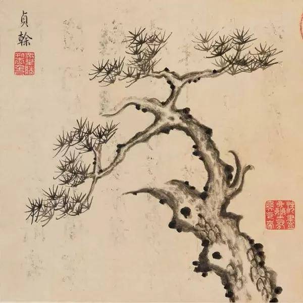 画幅上画家自题"贞干",右幅临写的是唐朝颜真卿的字;第二幅画竹图