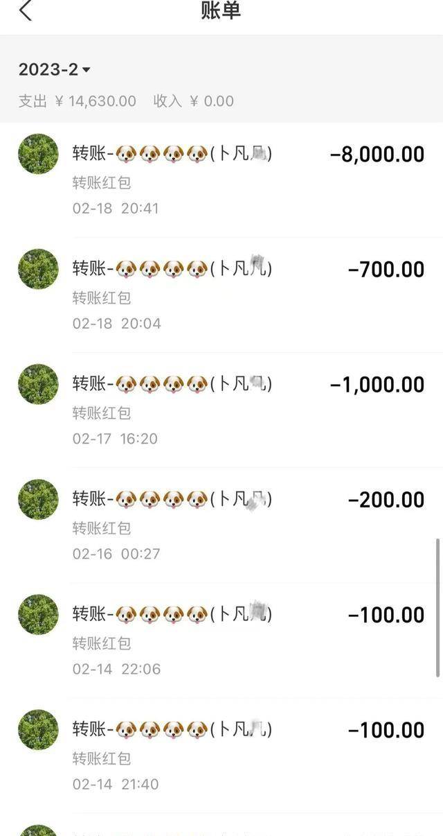 2023年2月,网友向他转账14630元,转账金额在100元至8000元不等