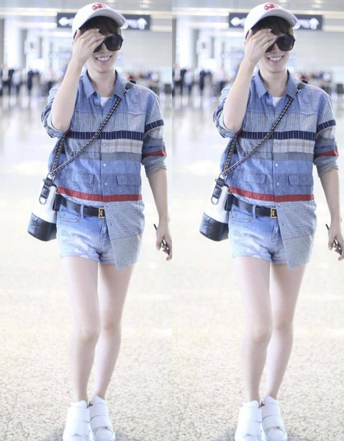 原创战狼老婆谢楠穿搭也随了吴京衬衫配短裤真够帅的挺有个性