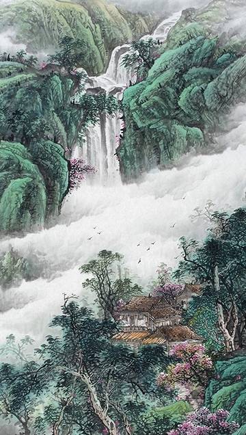 此幅佳作《源远流长》,设色明丽,布局饱满,青山绵延起伏,色调斑斓炫美