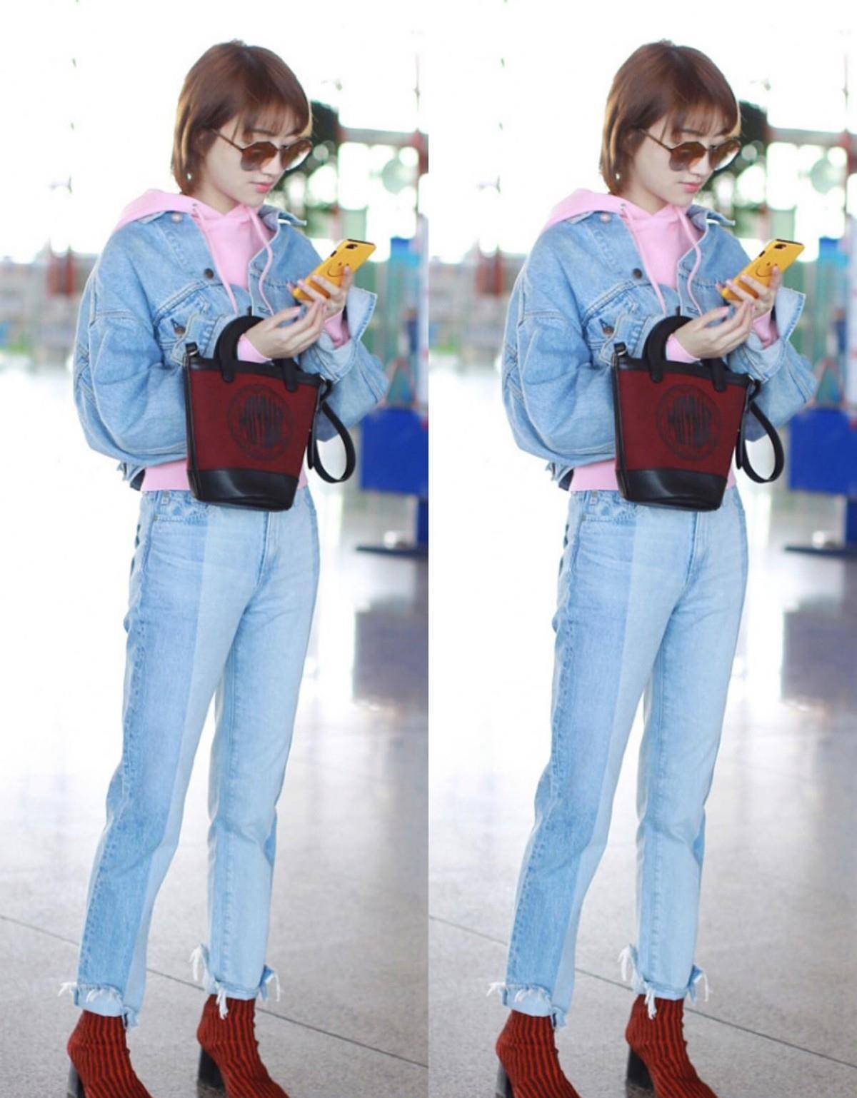 原创景甜虽然长得妩媚但扮嫩的技术真挺好一身牛仔套装太有学生感