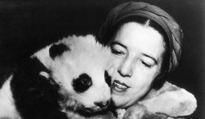 露丝不知道遇上了什么动物,紧张地看着向导.