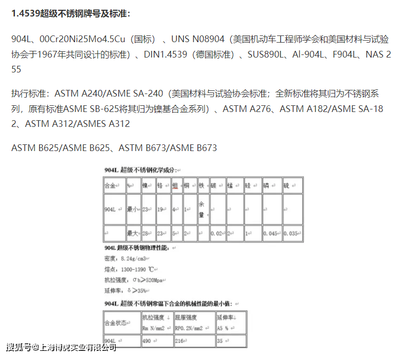 4539超级不锈钢牌号1.4539执行标准是哪些