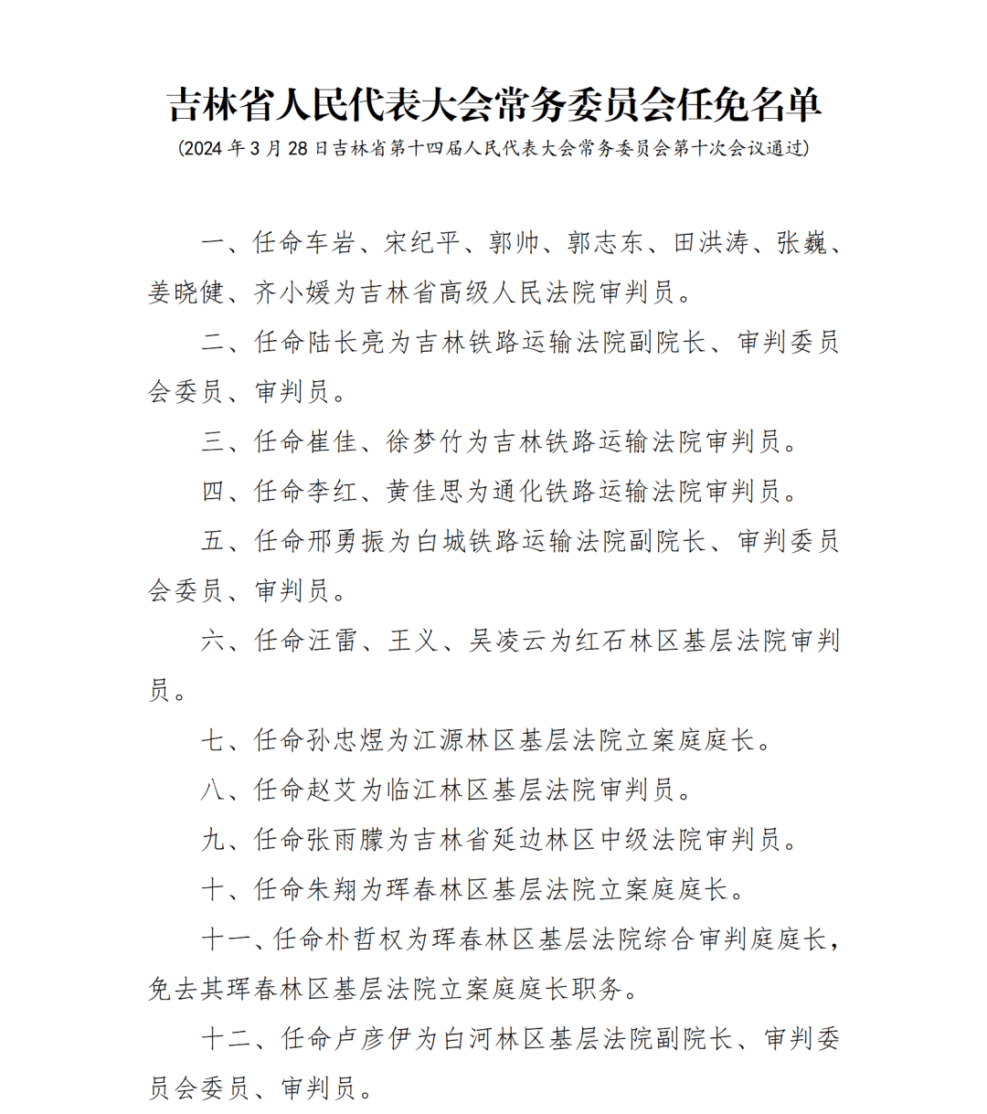 吉林省人大常委会通过的公告任免名单