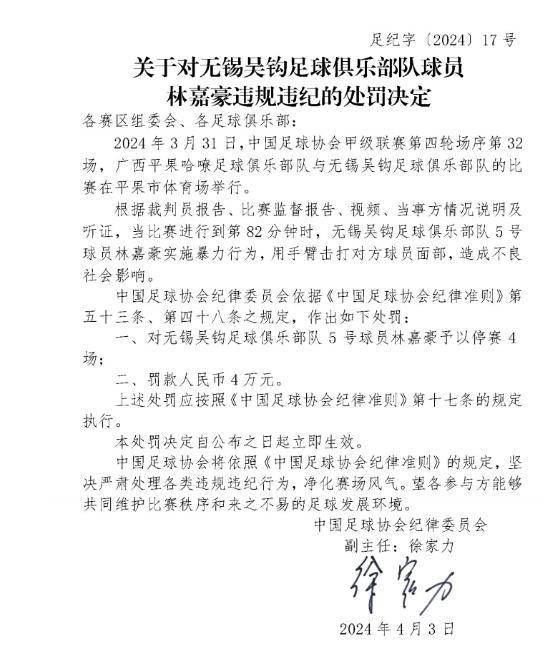 再掀争议中甲逆天误判后续林嘉豪停赛4场罚款4万裁判却毫发无损