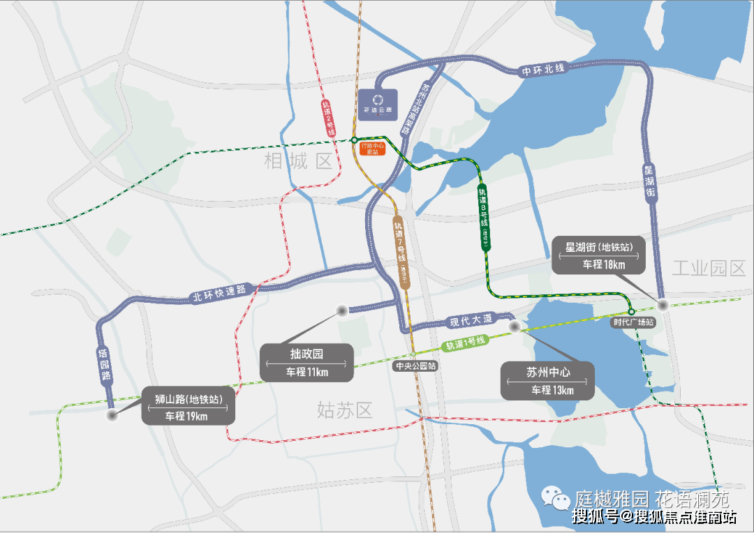 向西自驾:大悦春风里;东行到达园区的苏州中心及久光百货;另,项目南侧