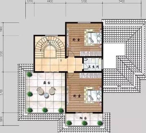 三层平面:设置2个卧室,一个阳台,一个露台.