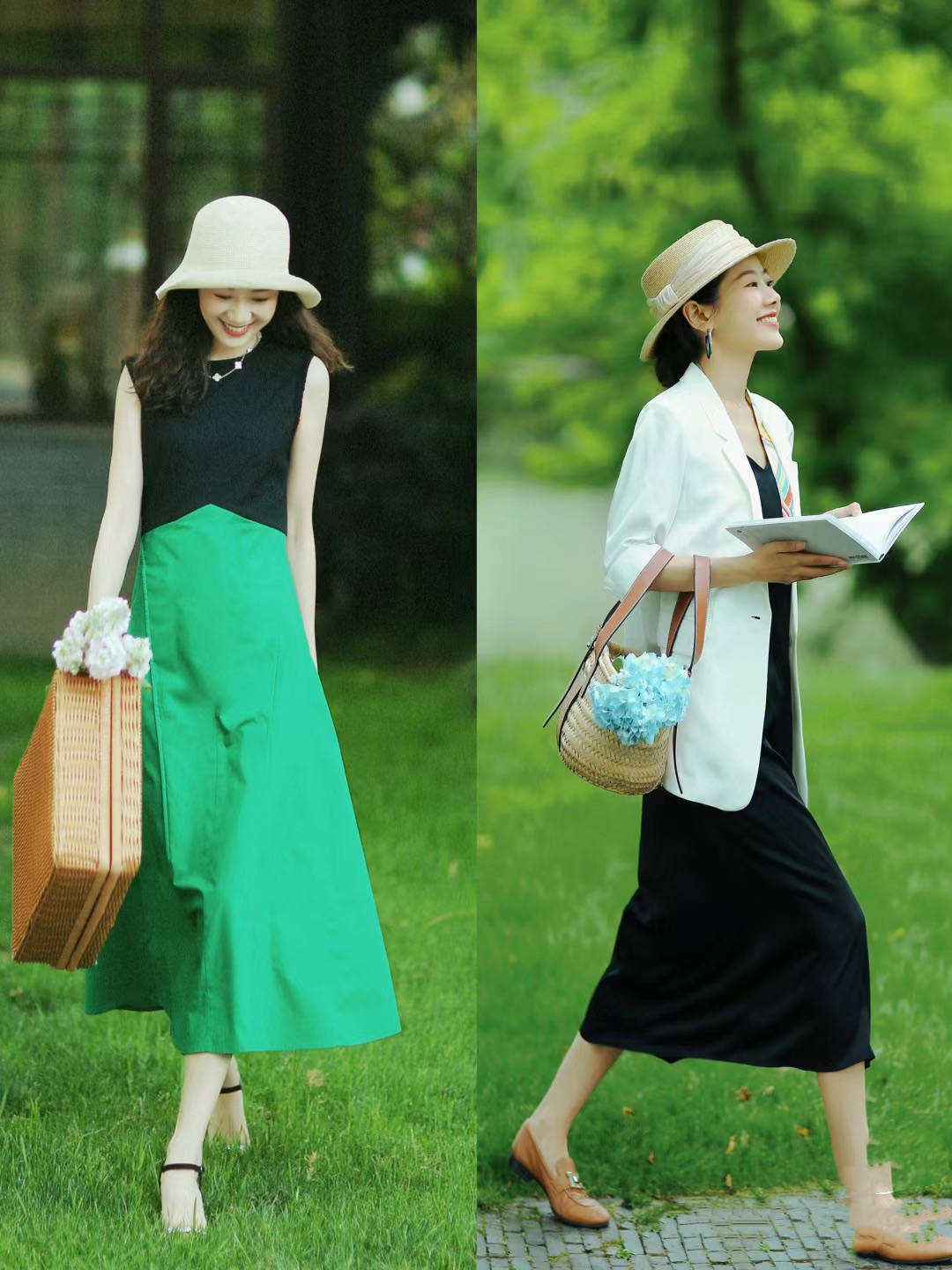 以短款的上衣来搭配高腰的半身裙,黑色 绿色的配色,也非常高级提气质.