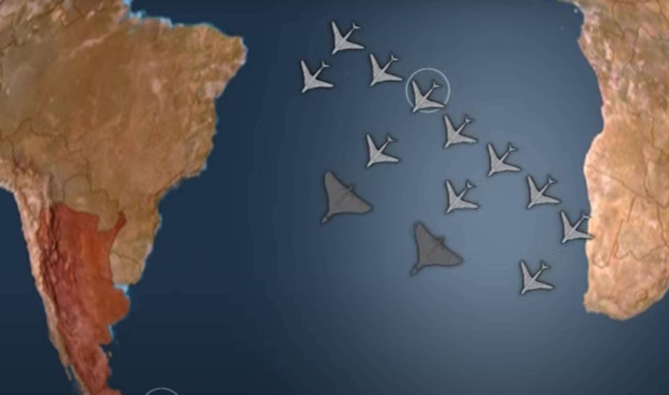 1982年4月30日夜,13架战机轰鸣着飞离亚松森岛,他们的编队呈三角队形.