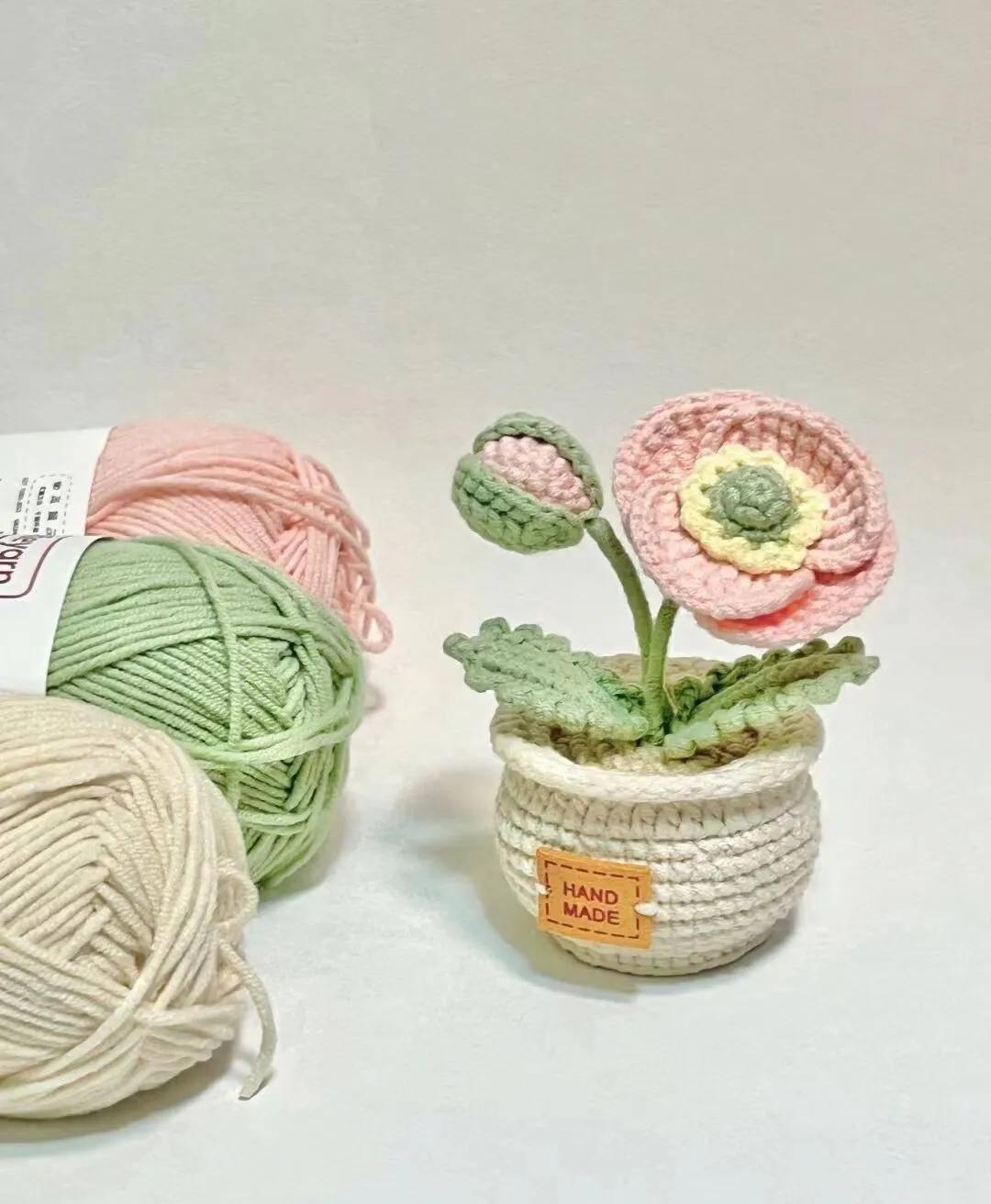 【创意手工】烟粉色虞美人盆栽毛线手工花朵摆件