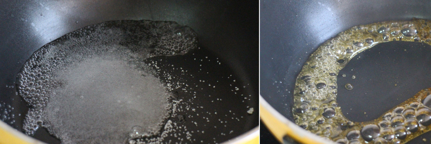 另外取个小锅,将砂糖放入并加1小匙水,煮焦糖千万不能心急,要看到糖色