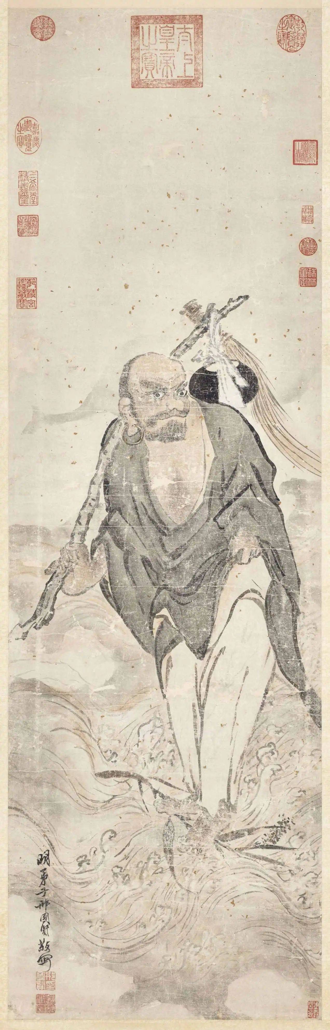 吴昌硕在国画中,达摩的形象常常与自然元素相结合,如山石,云雾,水流