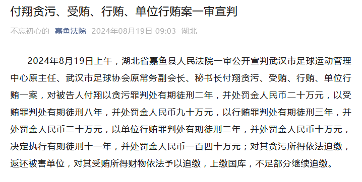 并处罚金一百四十万 原武汉市足管中心主任付翔获刑11年