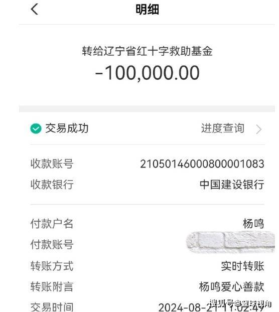 点赞!杨鸣为辽宁葫芦岛抗洪救灾捐10万元 晒捐款明细获感谢状