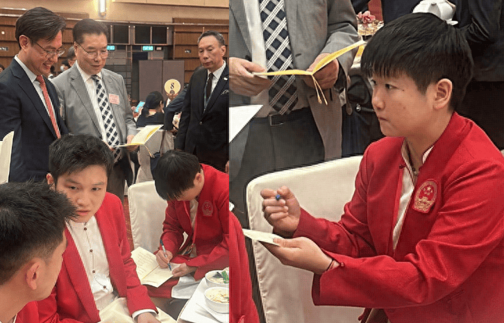 像个补作业的小女孩！孙颖莎在宴会上忙着签名 与全红婵微笑合影