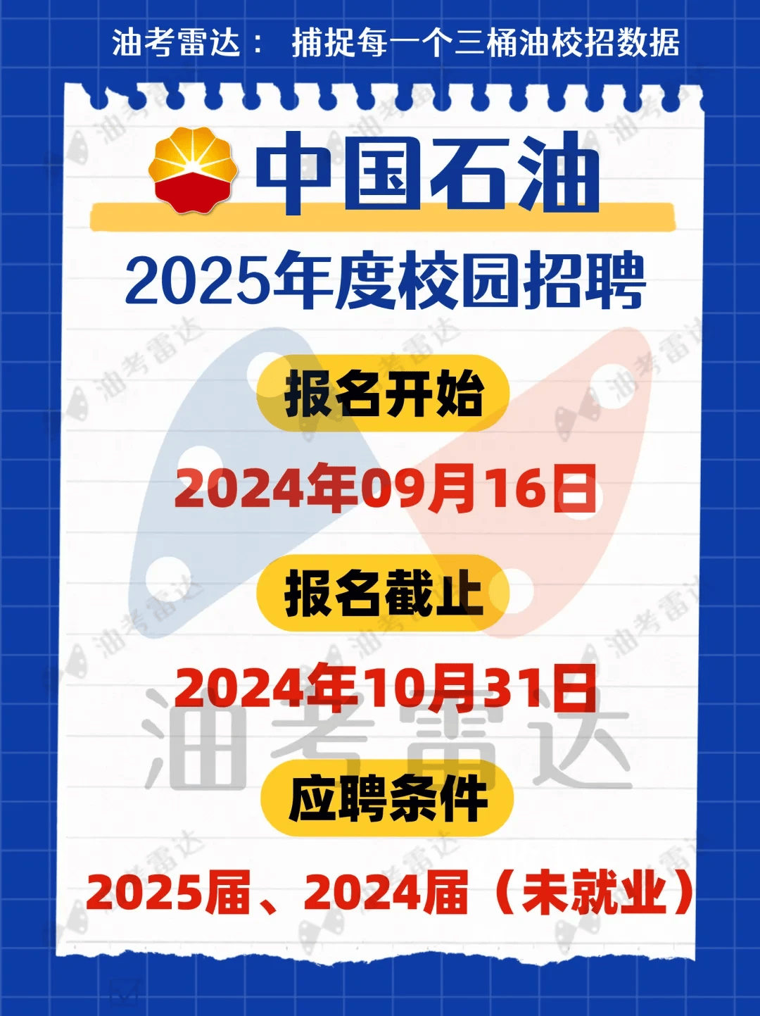 中国石油2025年度校园招聘计划9月16日启动报名