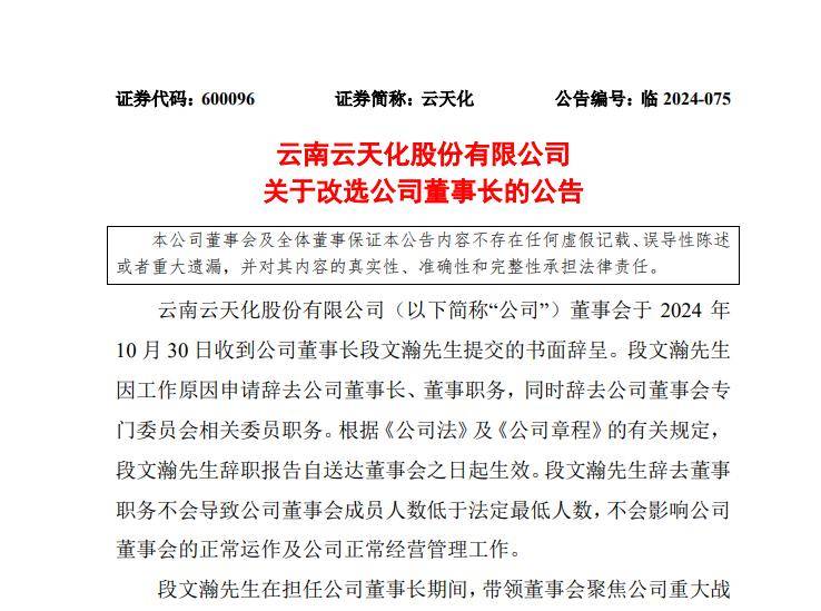 云天化董事长段文瀚因工作原因辞职 崔周全接任