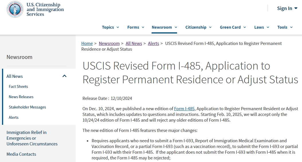 美国移民申请者请注意！新版I-485表格发布，申请绿卡流程有重大变动 -华闻时空