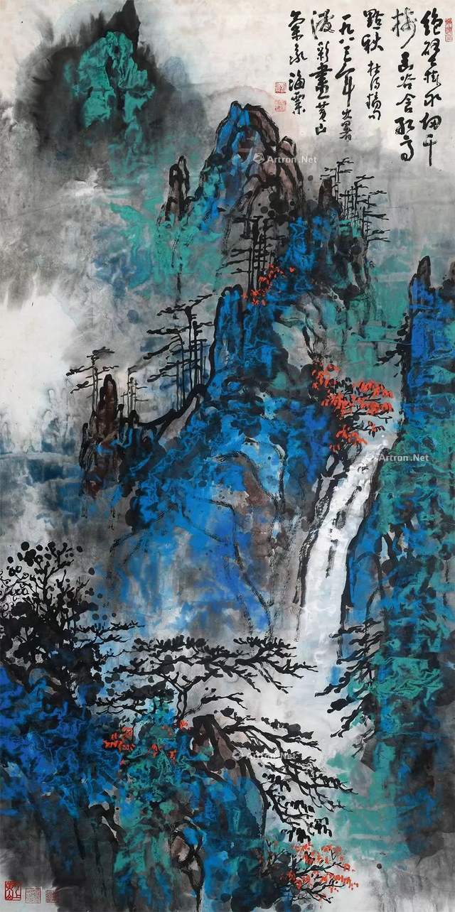手描き 水彩油画 山水画 刘海粟 中国絵画 風景画 約70×100cm 未表装