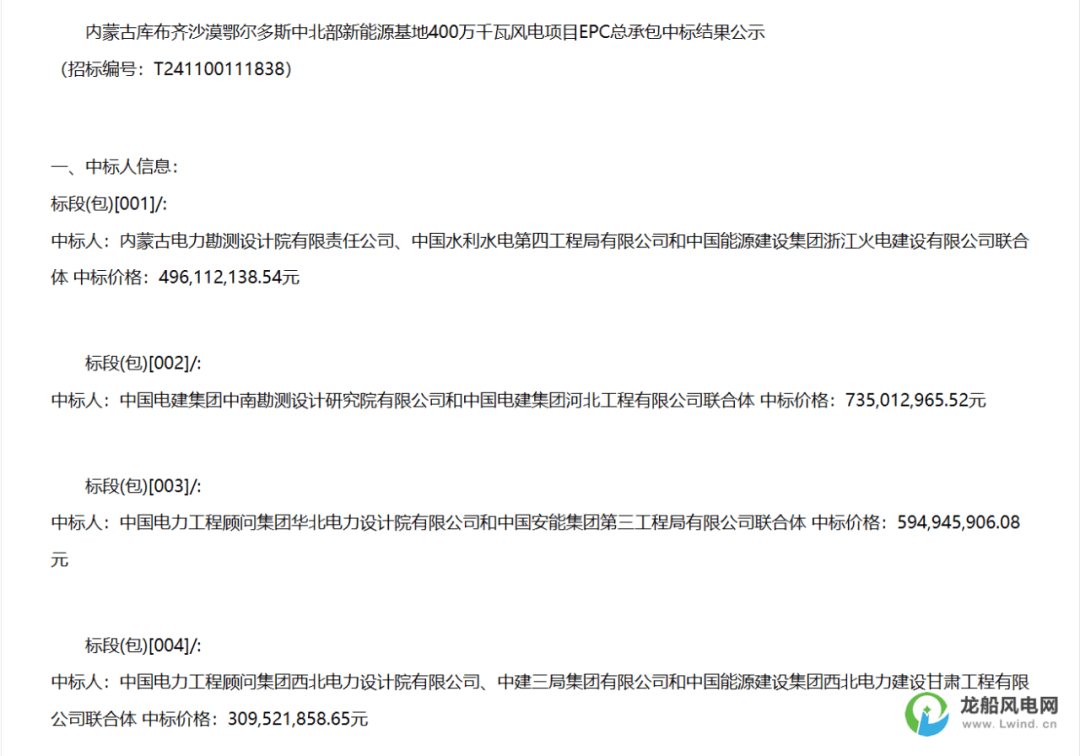 三峡集团4000mw风电epc项目中标公示