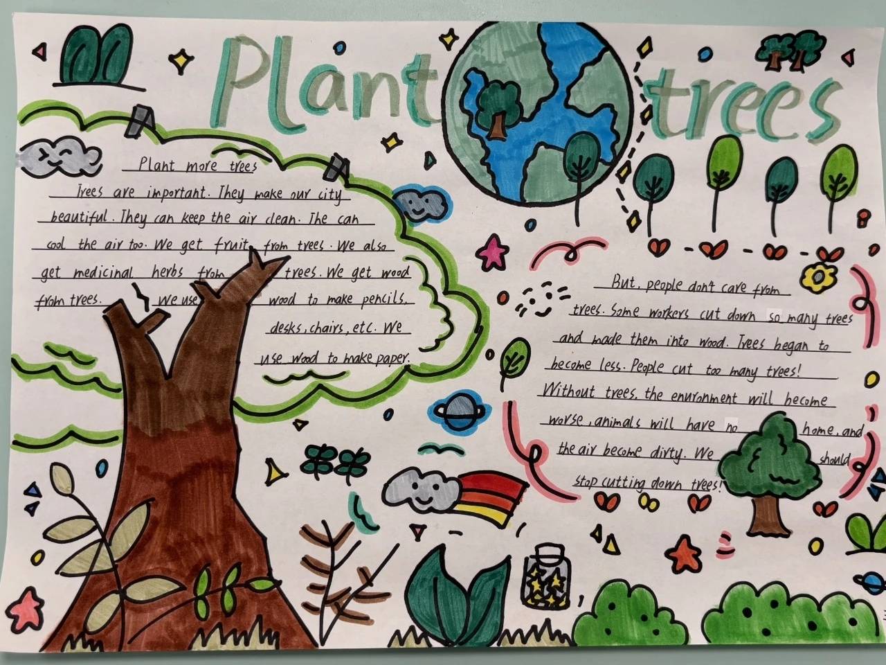 本次植树节主题英语手抄报大赛,增强了学生的环保意识,培养了学生保护