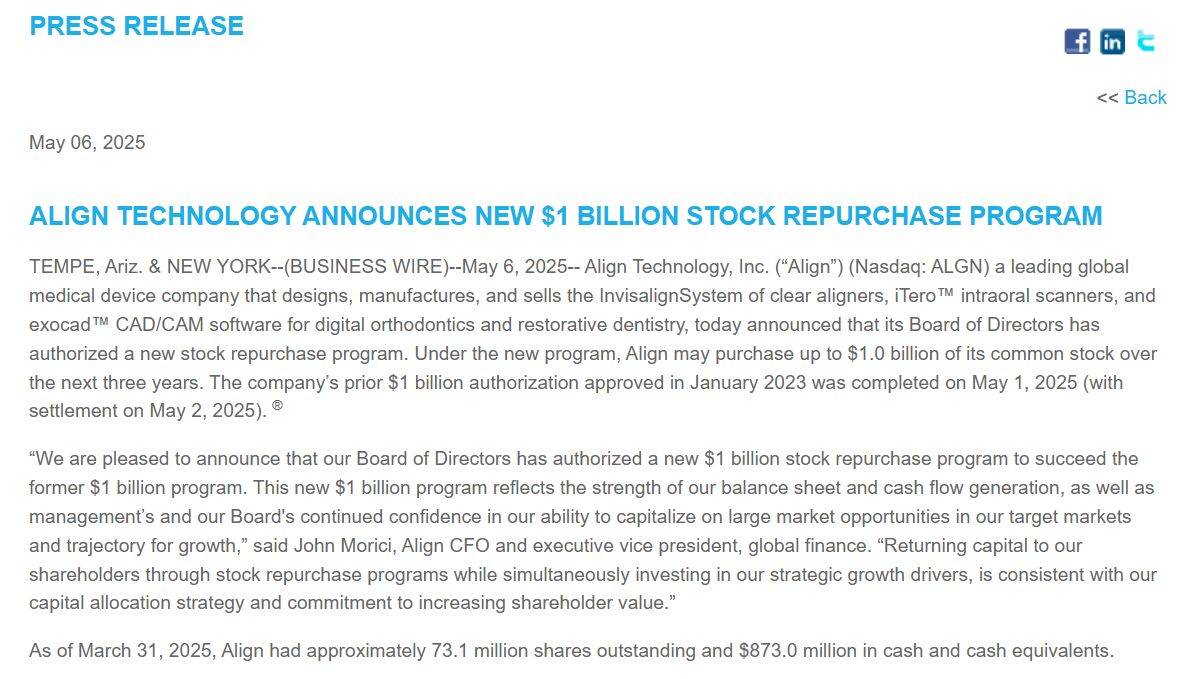 隐适美母公司爱齐科技启动新一期10亿美元股票回购计划_搜狐网