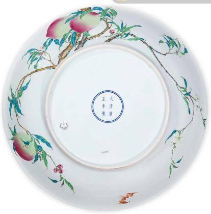 中国古美術/粉彩蝙蝠/桃紋皿 【大清雍正年製】在銘/紫檀箱付き 中国古