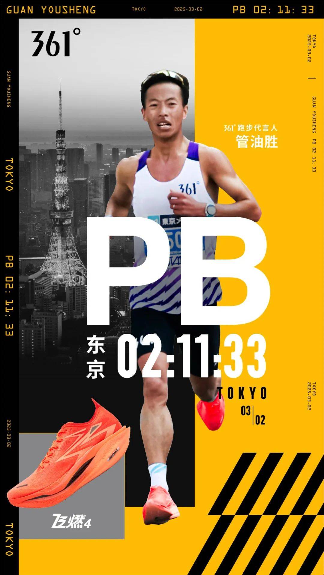 其中跑步代言人管油胜在2025东京马拉松上强势pb并摘得中国籍男子第三