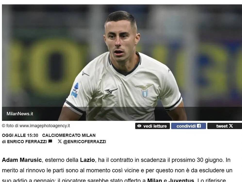 意甲媒体透露：拉齐奥后卫马鲁西奇已经决定不与拉齐奥续约，米兰和尤文对其均有兴趣