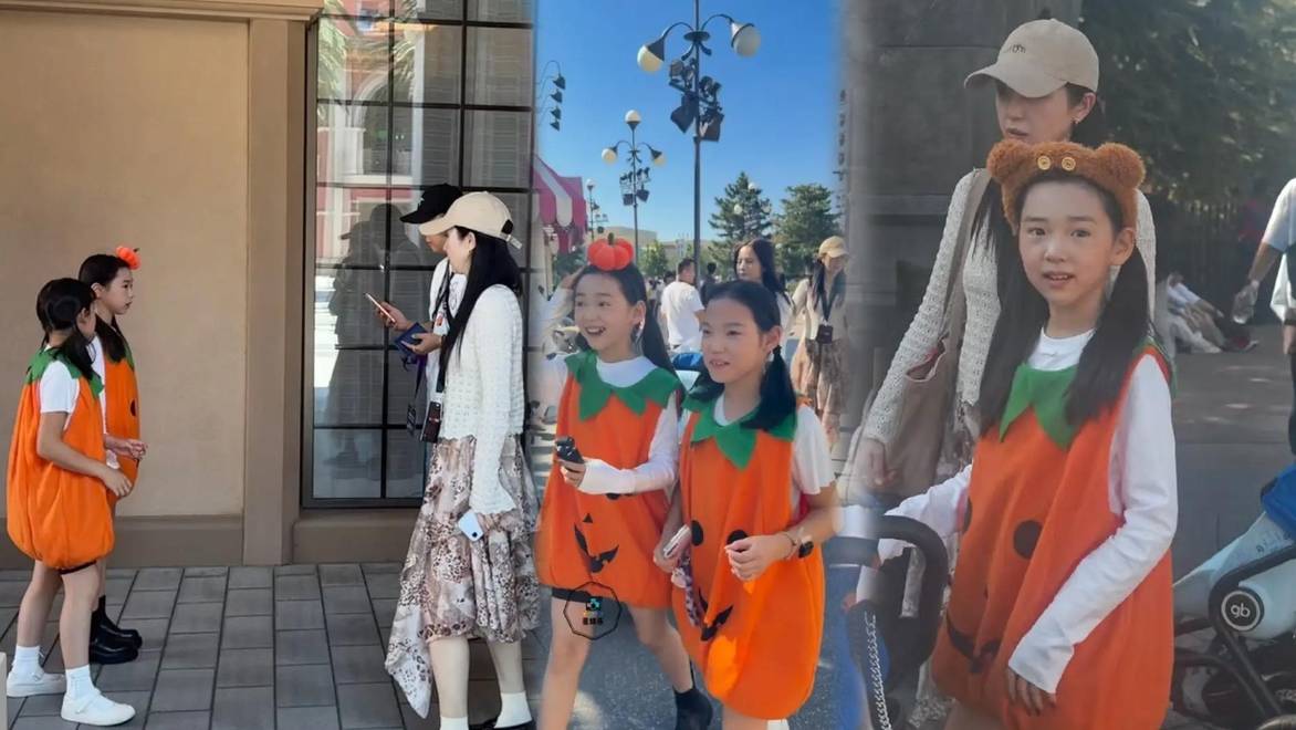 董璇带女儿去环球影城，小酒窝穿南瓜服造型可爱
