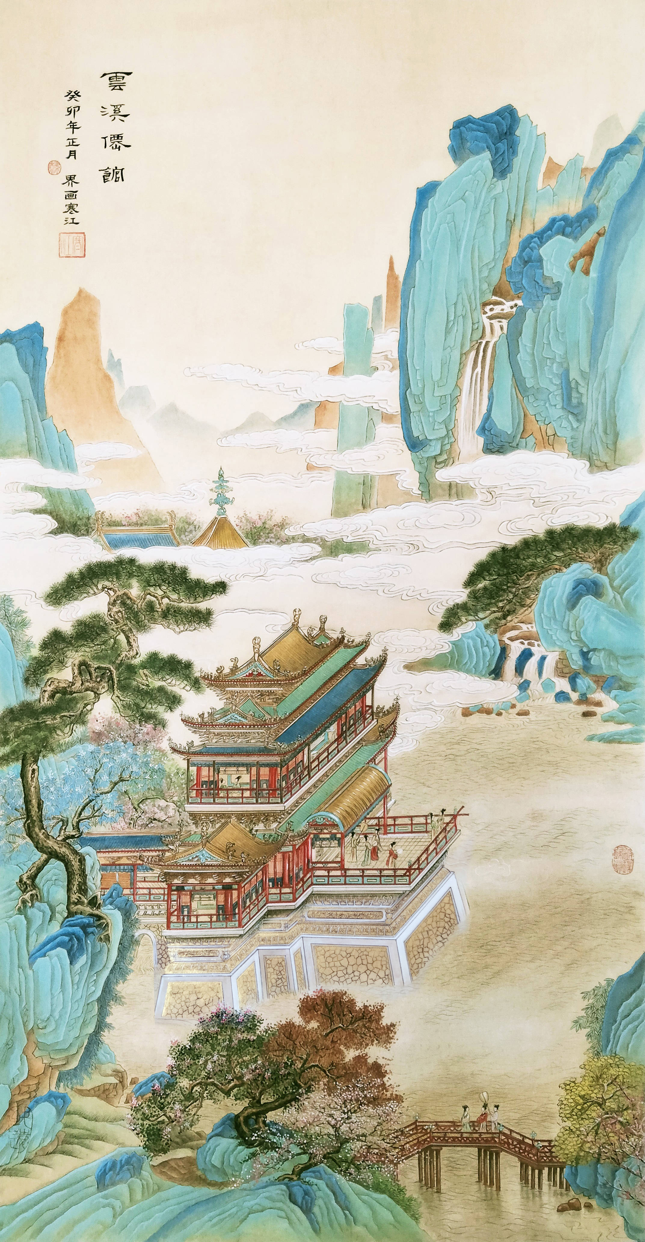 界画寒江---工笔雪景界画《溪南高阁雪景图》,尺寸