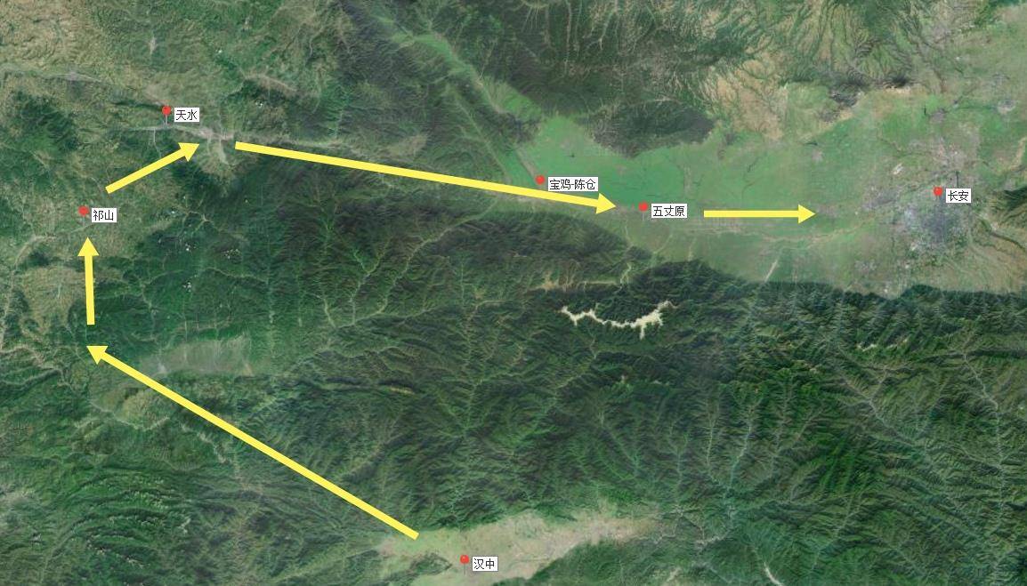 内向汉中集中兵力,然后从汉中向西北进军到祁山(今甘肃礼县祁山堡)