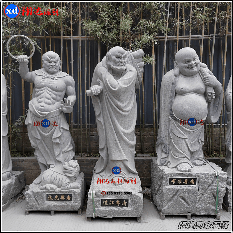 芝麻灰石材雕刻十八罗汉五百罗汉石佛像站姿高度2.2米