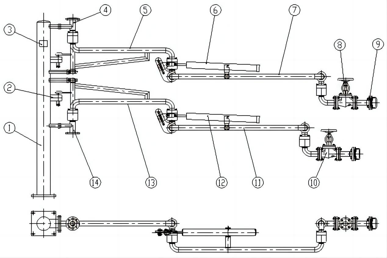 鹤管示意图立柱:起支撑作用,将鹤管对管线的扭矩及载荷减小到最小