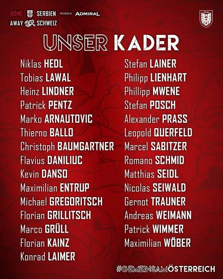 奥地利欧洲杯29人名单：阿拉巴伤缺阿瑙萨比策入选