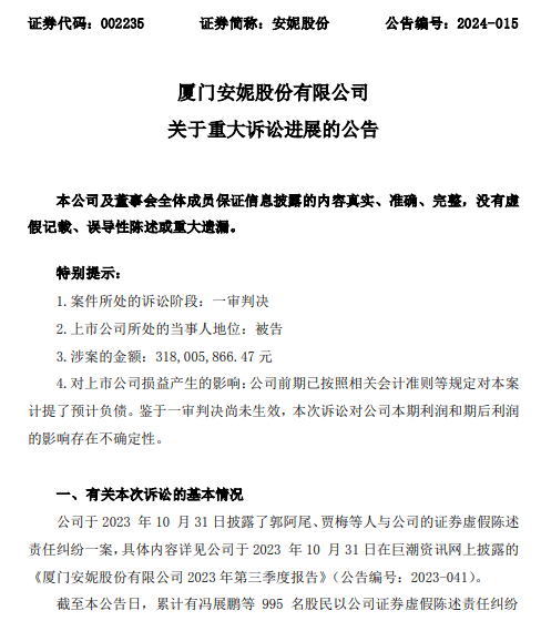 安妮股份最新索赔消息,胜诉判决995位原告赔偿金达1.
