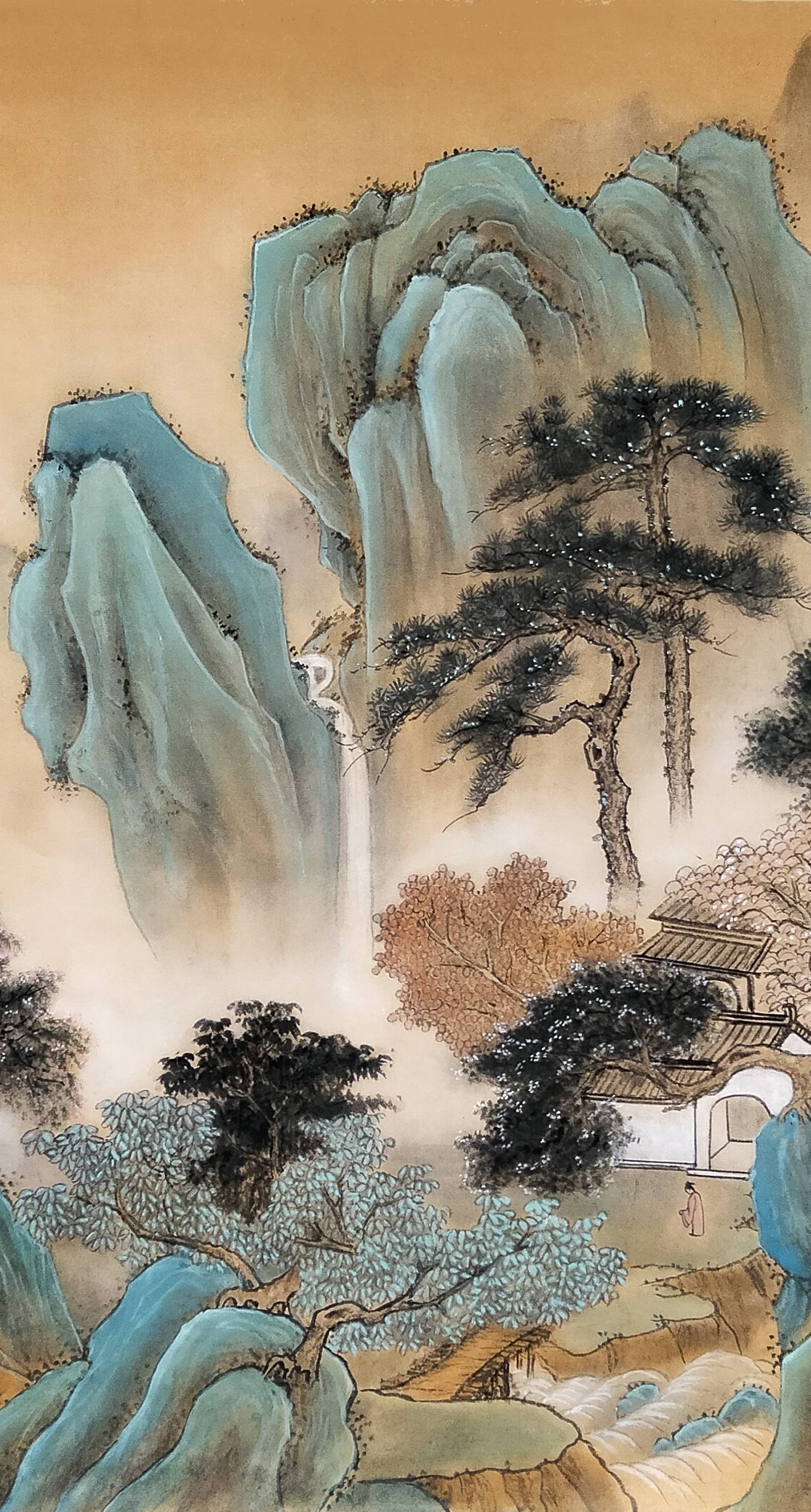 界画寒江---仿仇英《青绿山水》局部.踏破苔痕一径斑,白云飞处见青山.