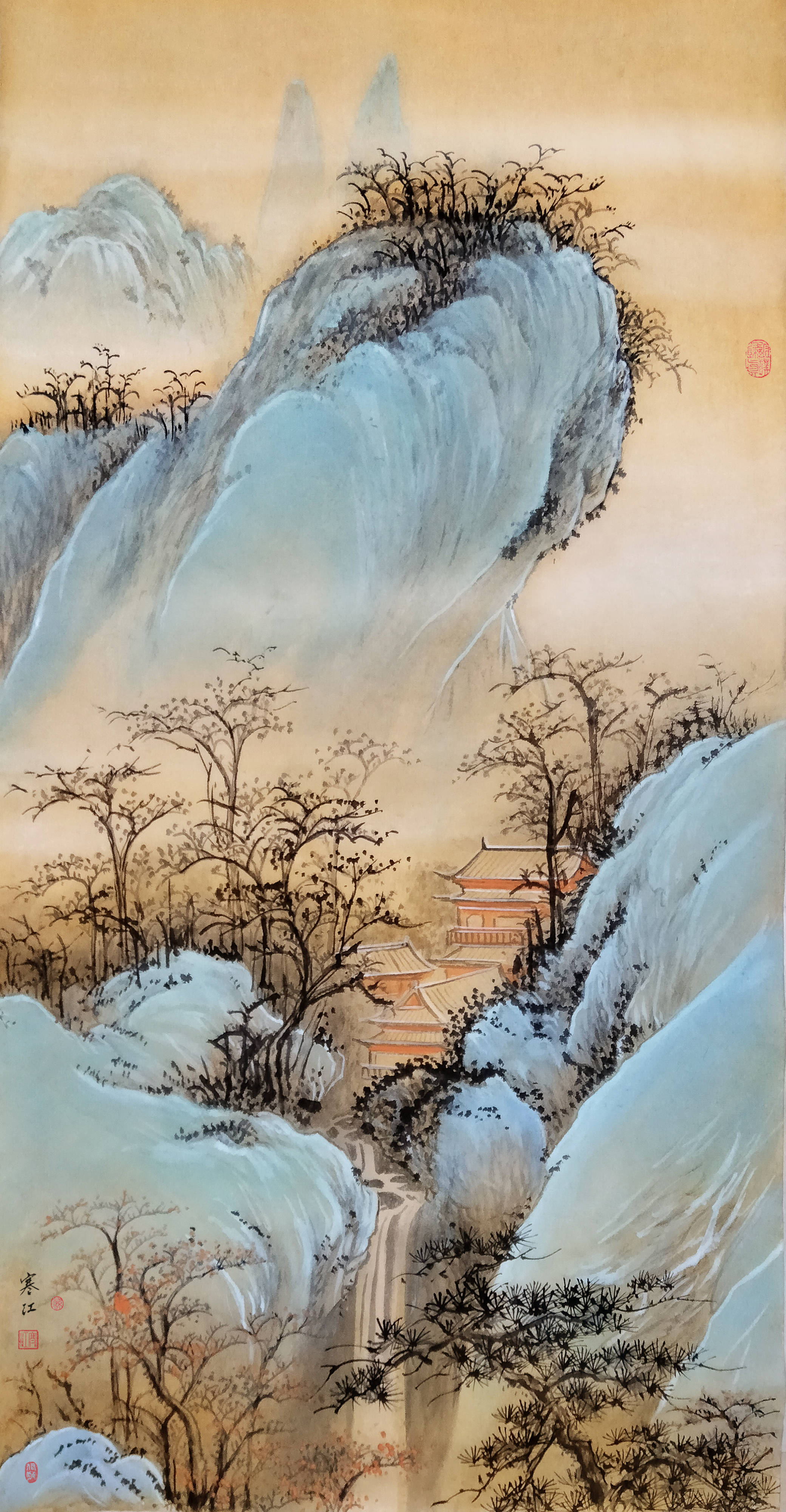 界画寒江---竖幅《青绿山水小品》十幅_cm_纸质_尺寸