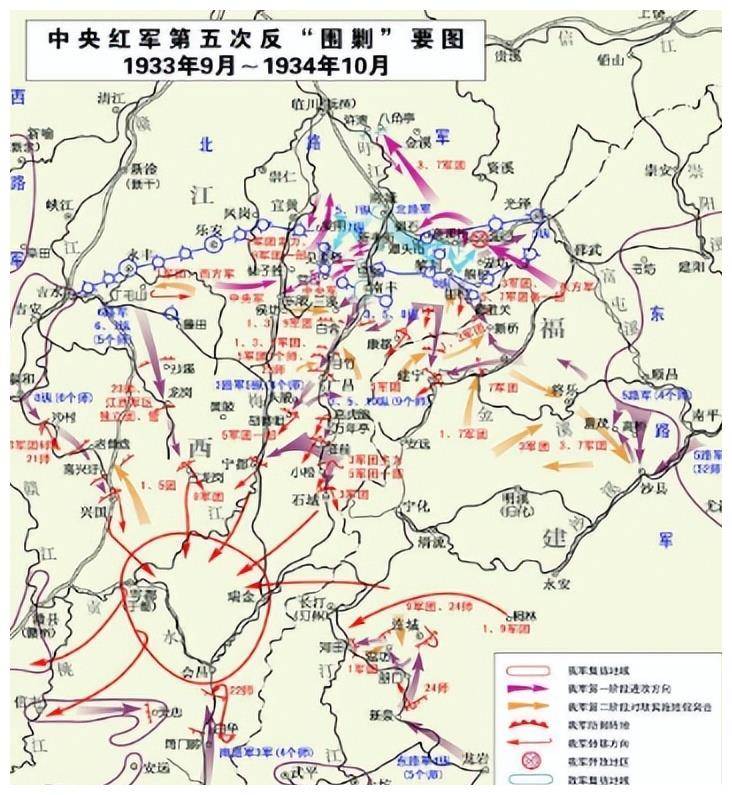 (第五次反围剿示意图)血战湘江万里长征因为李德等人坚持认为红军应该