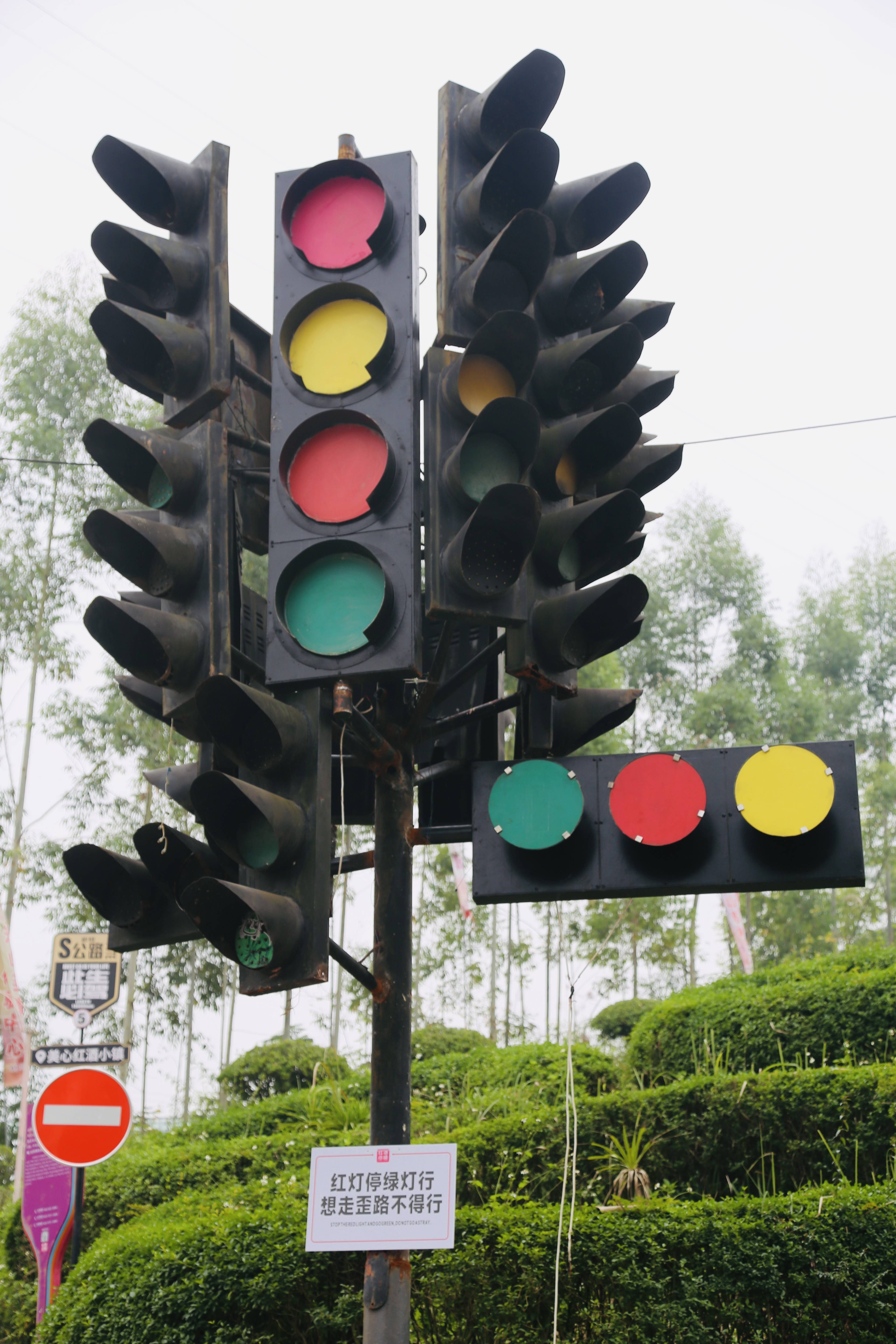 "奇怪的红绿灯树","一头扎进地下的汽车"配上谐趣的交通警示标语,形成